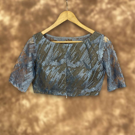 Rubbed Fine Art Sky Gry Coloured Net With Embroidrey Ready to Wear Blouse - kapda Tailor