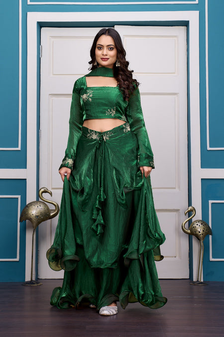 Yash Enterprise Rama Green Vichitra Silk Party Wear Embroidery Crop Top With Blouse Lehenga Choli