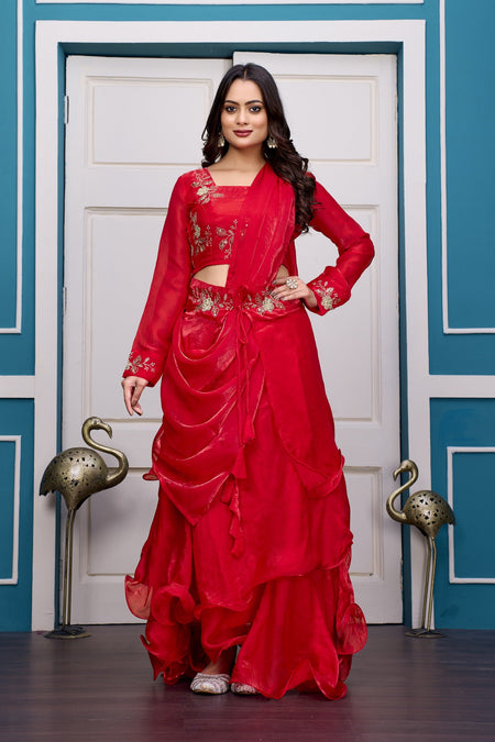 Yash Enterprise Red Vichitra Silk Party Wear Embroidery Crop Top With Blouse Lehenga Choli