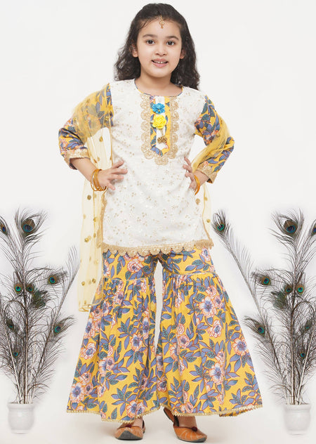 Little Bansi Girls Cotton Embroidery Kurta with Floral Sharara & Dupatta - White & Yellow