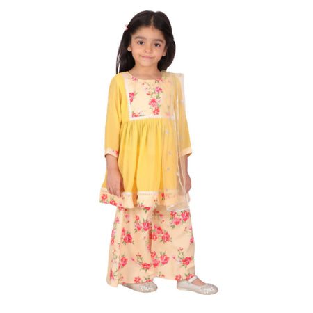 Little Bansi Girls Rose print Kurta Frock with Floral Plazzo and Dupatta - Yellow