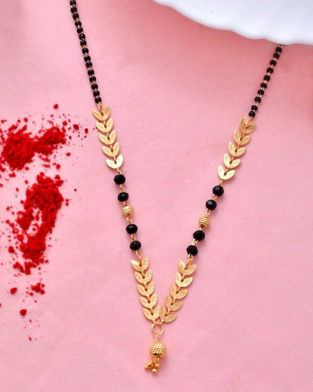 VOJ Gold-Polished Leaf Design Beaded Chain Mangalsutra