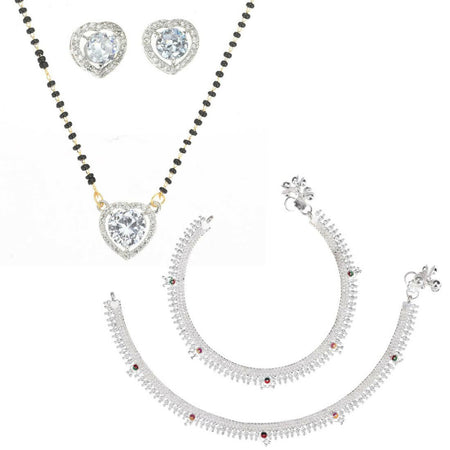AanyaCentric Gold-Polished Mangalsutra Pendant Earring Set & Silver Plated Anklet