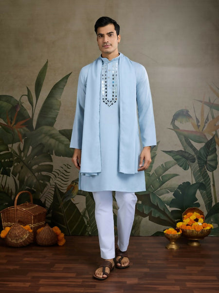 Vastranavya Sky Blue Exclusive Viscose Silk Festival Wear Real Mirror Work Kurta with Dupatta