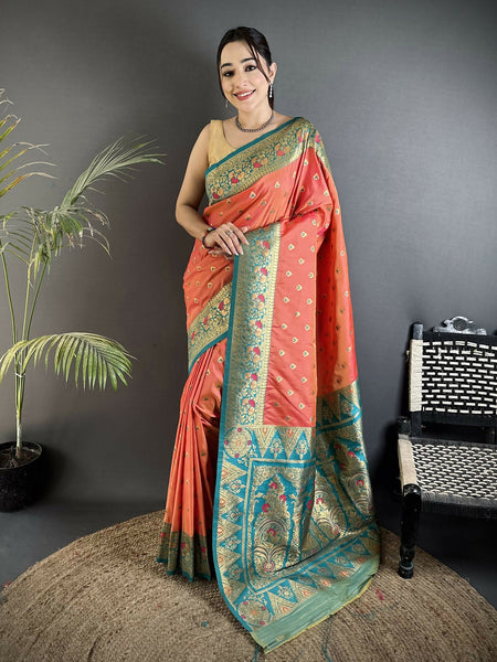 Joban Fashion Coral Pink Intricate Motifs Soft Silk Banarasi Saree