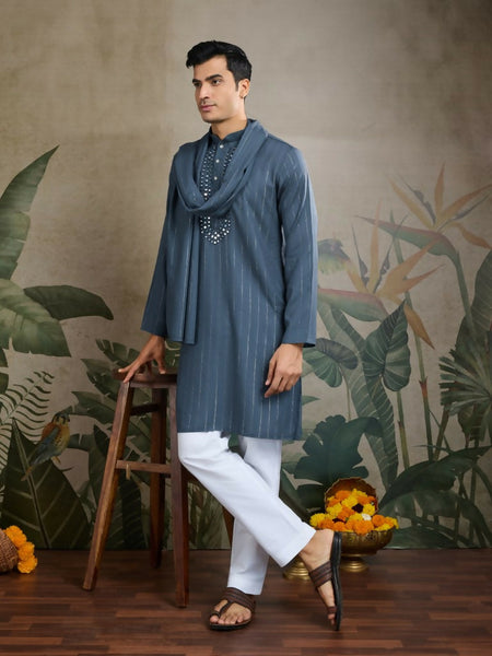 Vastranavya Blue Grey Exclusive Viscose Rayon Festival Wear Real Mirror Work Kurta with Dupatta
