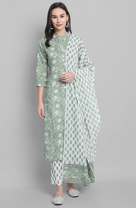 Janasya Women's Light Green Cotton Floral Print Kurta With Pant And Dupatta