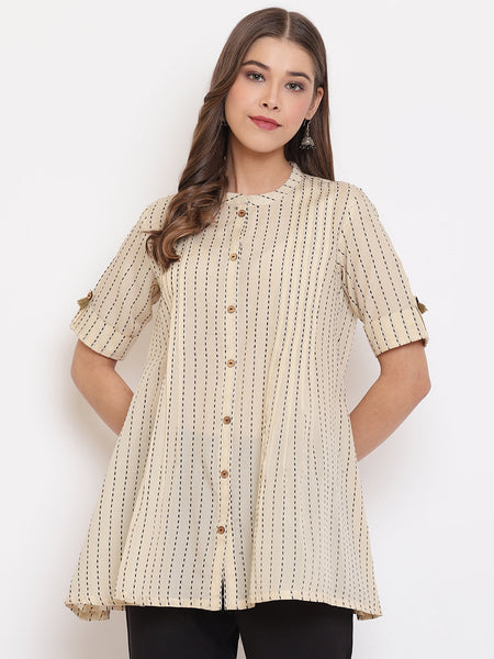 Janasya Women's Cream Cotton Striped Pleated Top