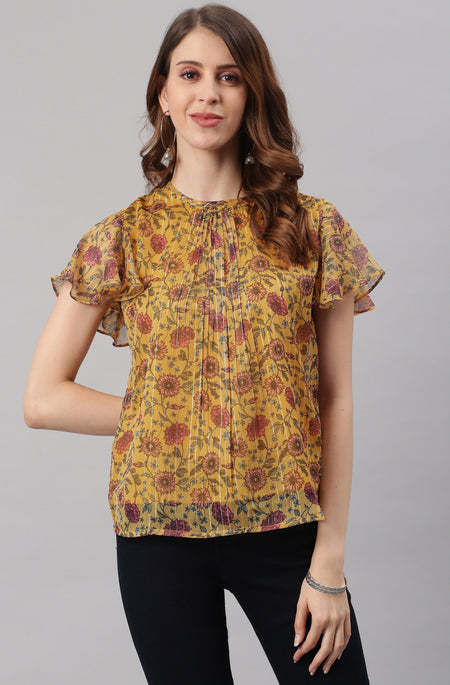 Janasya Women's Mustard Poly Georgette Floral Print Regular Top