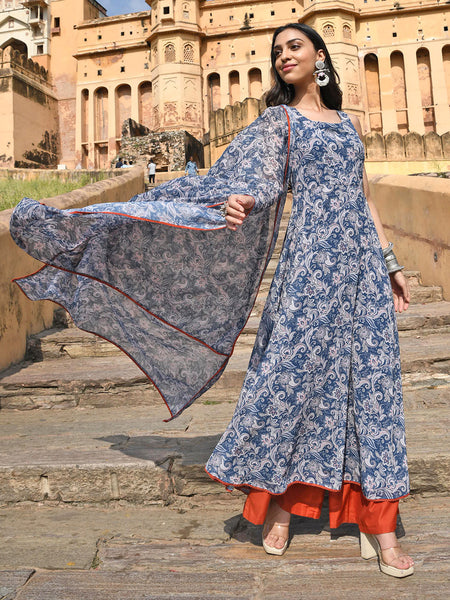 Janasya Women's Blue Georgette Floral Print Kurta With Flared Palazzo And Dupatta