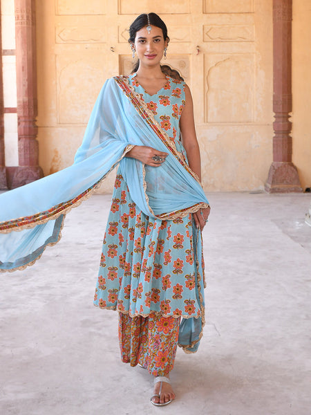 Janasya Women's Mint Blue Cotton Floral Print Kurta With Palazzo And Dupatta