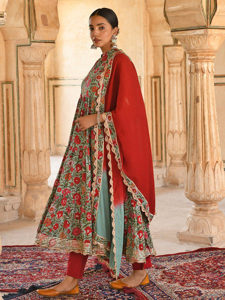 Janasya Women's Sea Green Cotton Floral Block Print Kurta With Pant And Dupatta