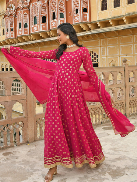 Janasya Women's Bright Pink Georgette Foil Print Kurta With Dupatta