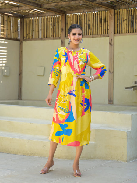 Juniper Women's Yellow Floral Printed Muslin A-Line Dres