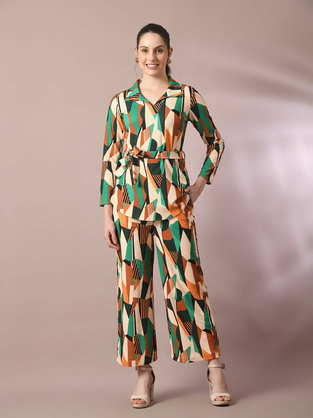 Myshka Women's Multi Printed Polo Collar Party Top With Trousers Co-ord set