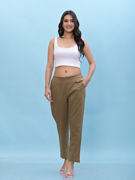 Juniper Women's Brown Solid Cotton Pants with Partially Elasticated Waistband and Two Side Pockets
