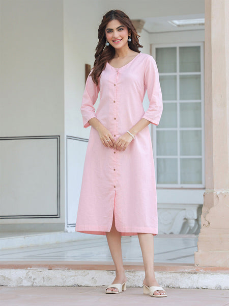 Janasya Light Cotton Solid A-Line Dress