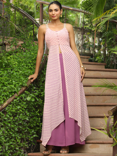 Janasya Light Georgette Striped Asymmetric Kurta Set