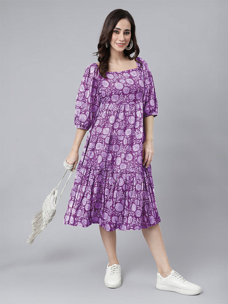Janasya Bright Cotton Floral Tiered Dress