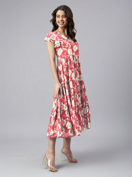 Janasya Dark Georgette Abstract Tiered Dress