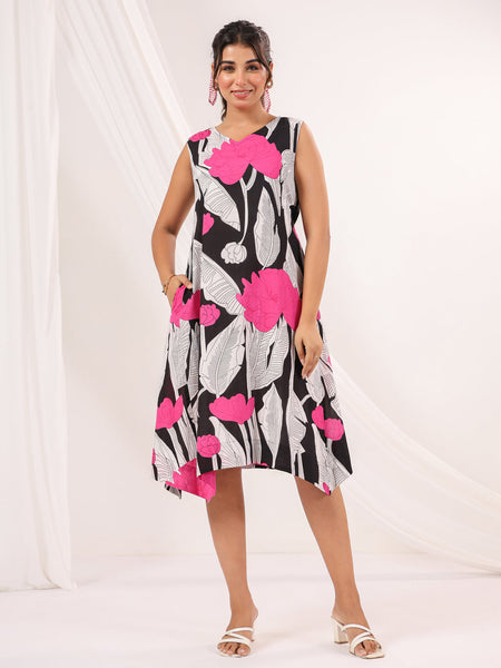 Janasya Dark Cotton Floral Handkerchief Dress