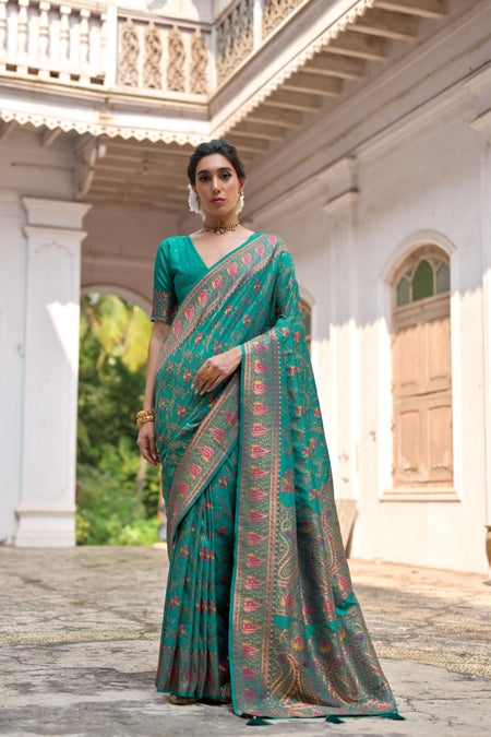 Jyoti Fashion Women's Rama Soft Pashmina Silk Meena Zari Woven Saree with Blouse