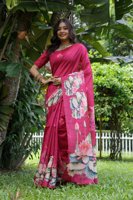 Jyoti Fashion Women's Rani Pink Soft Tussar Silk Floral Printed Saree with Blouse