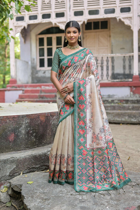 Jyoti Fashion Women's Rama Soft Tussar Silk Floral Printed Saree with Blouse