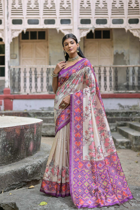 Jyoti Fashion Women's Lavender Soft Tussar Silk Floral Printed Saree with Blouse