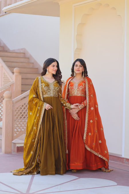 Jyoti Fashion Women's Mehendi & Fanta Fendi Sequins & Zari Embroidered Anarkali Combo Set With Dupatta