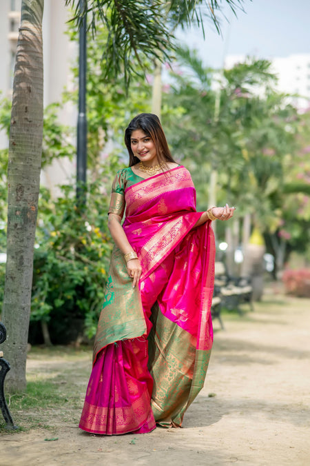 Jyoti Fashion Women's Pink Soft Banarasi Silk Zari Woven Saree with Blouse