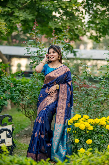 Jyoti Fashion Women's Navy Blue Soft Banarasi Silk Zari Woven Saree with Blouse