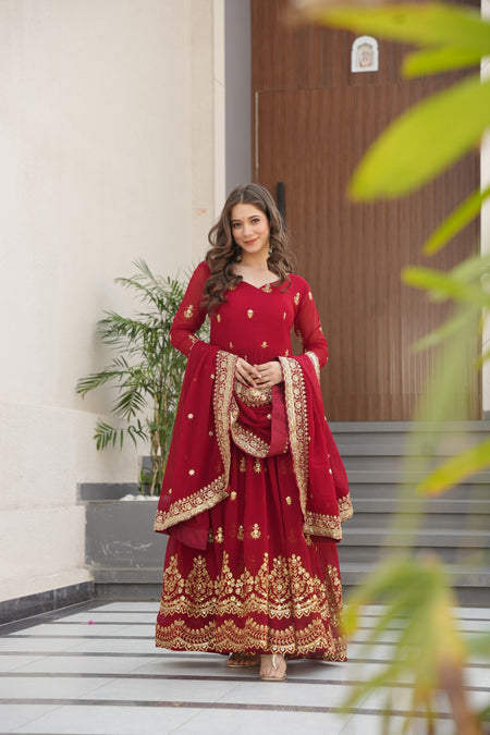 Jyoti Fashion Women's Maroon Faux Blooming Sequins Zari Embroidered Anarkali Set With Dupatta