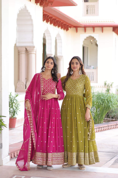 Jyoti Fashion Women's Pink & Parrot Green Faux Georgette Embroidered Combo Anarkali Set With Dupatta