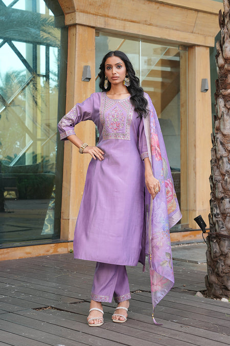 Jyoti Fashion Purple Cotton Silk Embroidered Designer Kurta Set with Dupatta