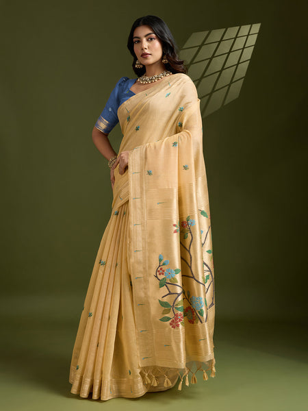 Jyoti Fashion Women's Yellow Soft Muga Cotton Paithani Zari Woven Saree with Blouse