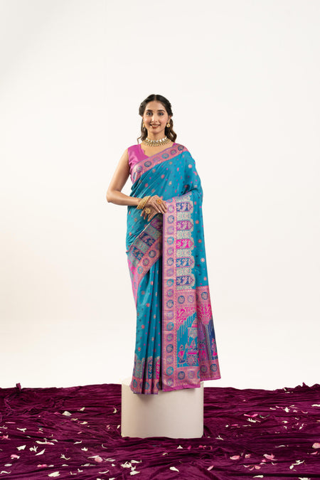 Jyoti Fashion Women's Turquoise Banarasi Pashmina Soft Silk Zari Woven Saree with Blouse