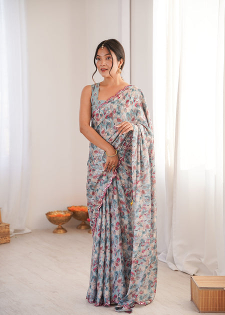 Jyoti Fashion Women's Grey Chinon Digital Printed Designer Saree with Blouse