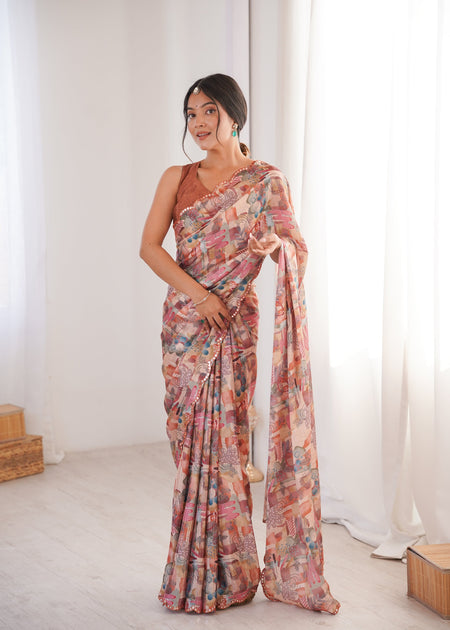Jyoti Fashion Women's Multicolor Chinon Digital Printed Designer Saree with Blouse