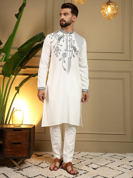 Jyoti Fashion Men's White Viscose Silk Sequins Embroidered Kurta with Pajama