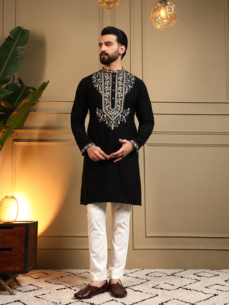 Jyoti Fashion Men's Black Armani Lachka Sequins Embroidered Kurta with Pajama