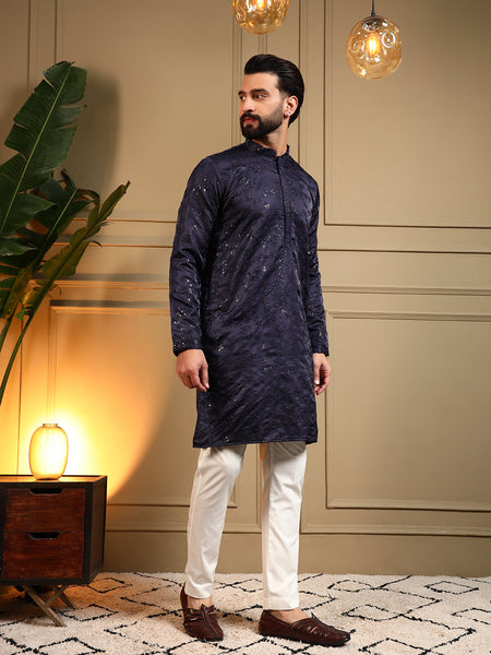 Jyoti Fashion Men's Navy Blue Royal Silk Sequins Embroidered Kurta with Pajama