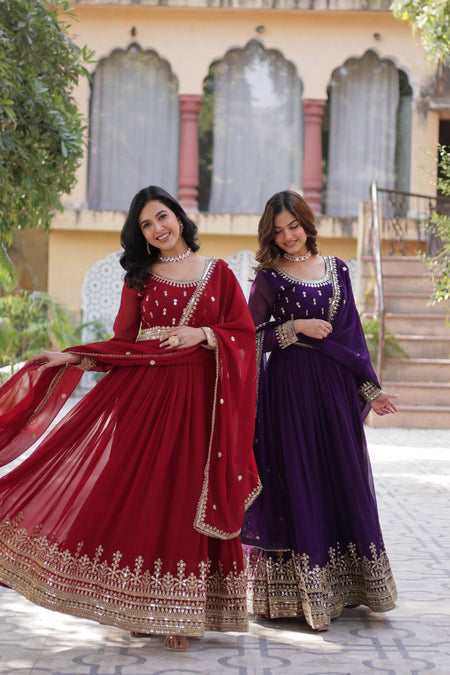 Jyoti Fashion Maroon & Purple Faux Blooming Embroidered Combo Anarkali Set With Dupatta