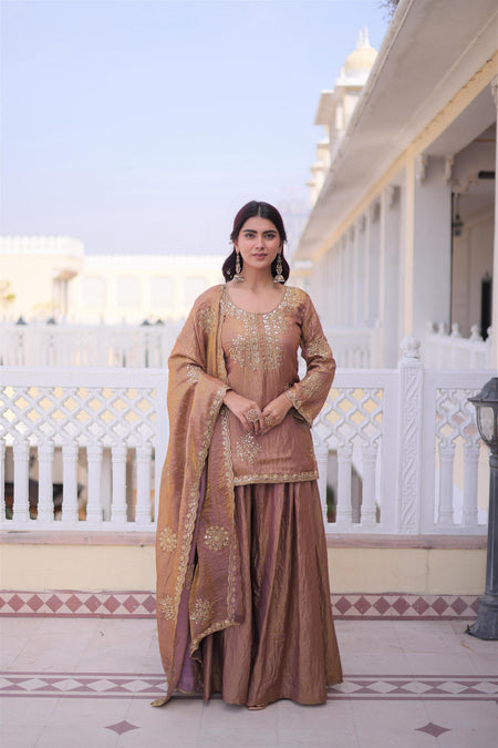 Jyoti Fashion Brown Fendi Crush Zari Embroidered Sharara Set with Dupatta