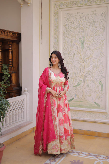 Jyoti Fashion Pink Russian Silk Sequins Embroidered Anarkali Set with Dupatta