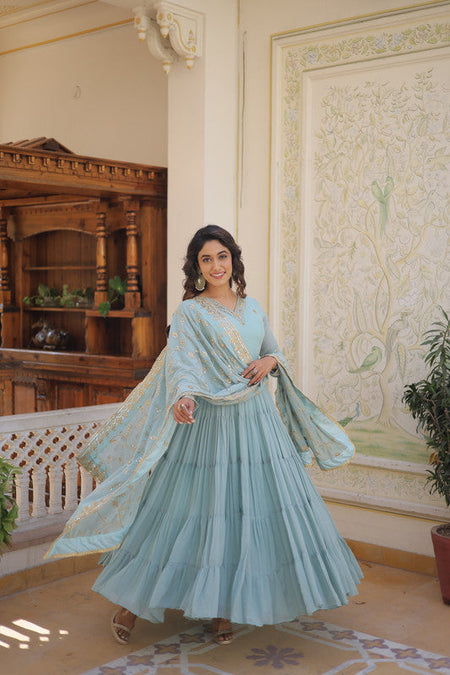 Jyoti Fashion Women's Sky Blue Faux Georgette Embroidered Partywear Anarkali Dress with Dupatta