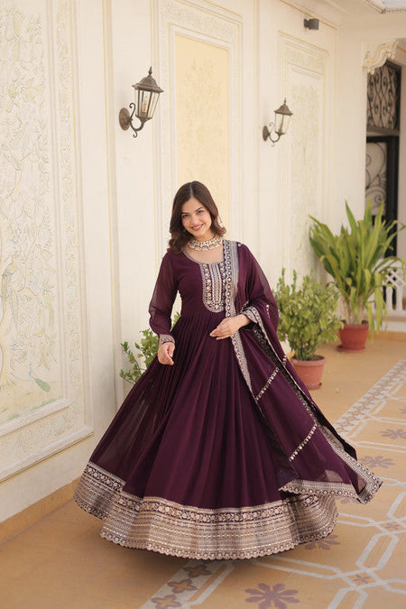 Jyoti Fashion Women's Wine Faux Blooming Silver Sequins Embroidered Partywear Anarkali Dress with Dupatta