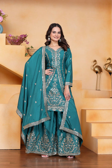 Teeya Creation Teal Color Natural Crepe Silk Wedding Wear Trending Palazzo Set