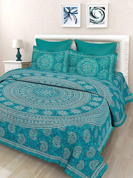 Vamika Printed Cotton Sea Green Bedsheet With Pillow Covers (LEOC_3_SG)