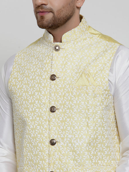 Jompers Men's Solid Dupion Kurta Pajama with Embroidered Nehru Jacket (Yellow)